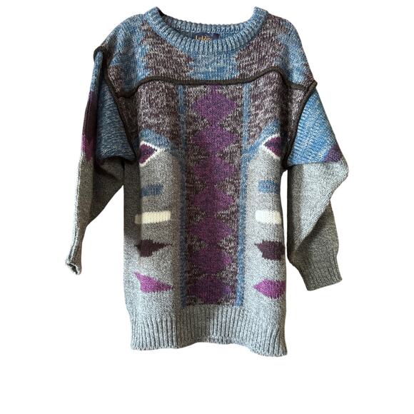 Vintage Le Roy M Geometric Knit Sweater 80s 90s Aztec Southwestern - Picture 1 of 7